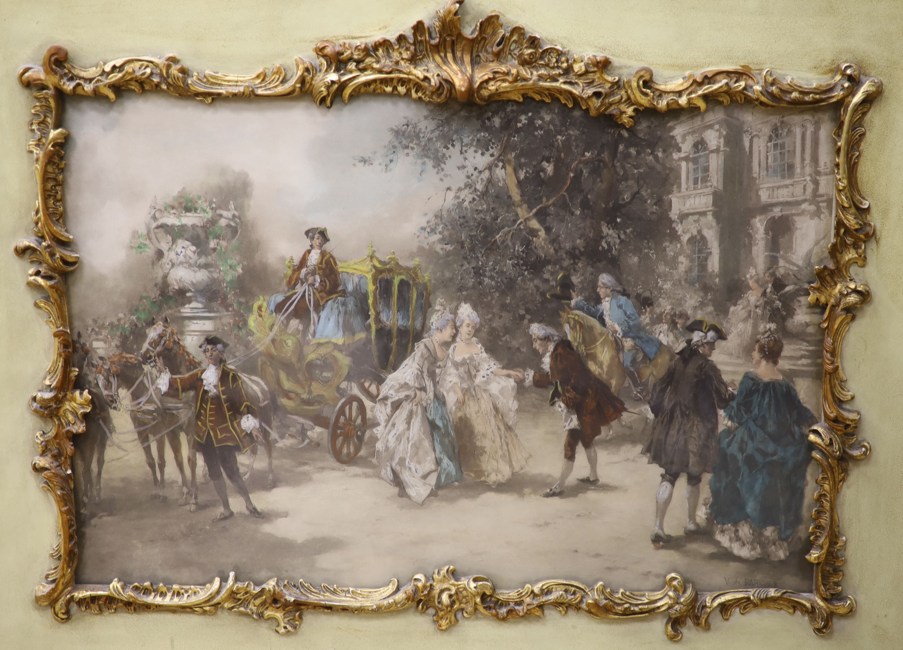 After Vincente Paredes, hand tinted lithograph, Figures outside a chateau, 32 x 49cm, ornate scroll frame